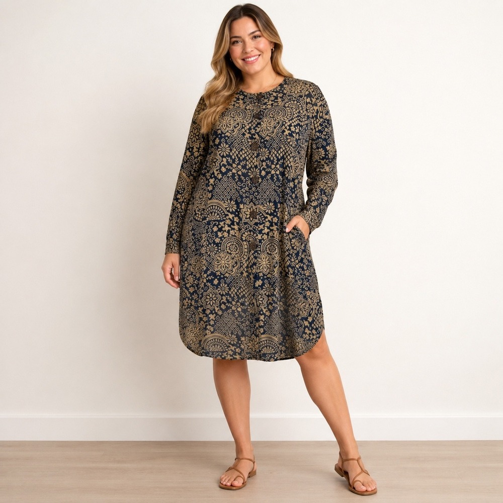 Susan Graver Sheer Tunic Dress XL Blue Tan Taupe Paisley Boho Lagenlook Pockets‎